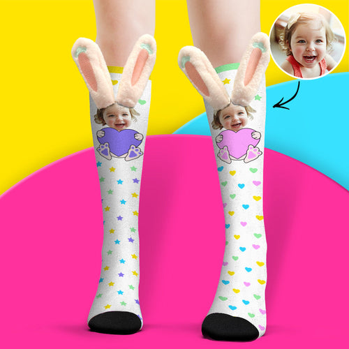 Custom Socks Knee High Face Socks 3D Plush Bunny Ears Socks