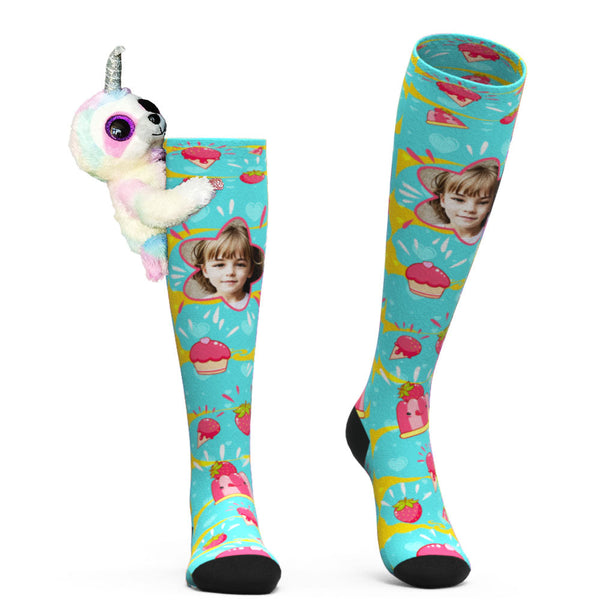 Custom Socks Knee High Face Socks Sloth Doll Pink Dessert Socks