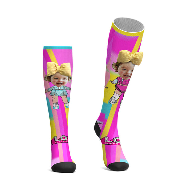 Custom Face Socks Knee High Socks 3D Cute Bow Cartoon Socks