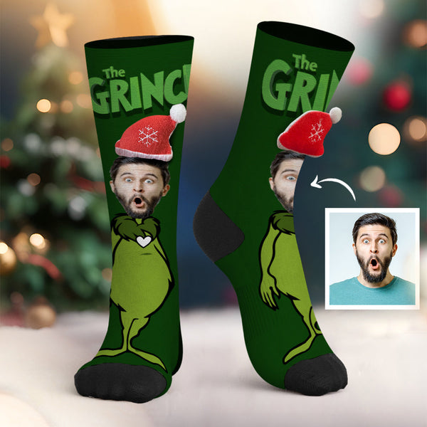 Custom Face Socks Personalized 3D Santa Hat Socks The Grinch