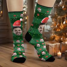 Custom Face Socks Personalized 3D Santa Hat Green Socks Christmas Gifts
