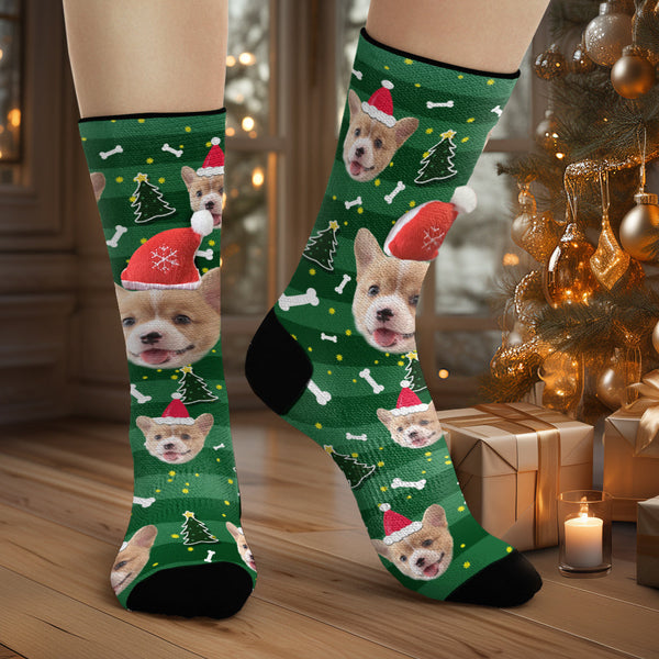 Custom Dog Face Socks Personalized 3D Santa Hat Green Socks Christmas Gifts