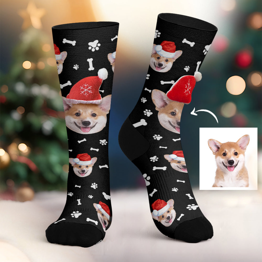 Custom Dog Face Socks Personalized 3D Santa Hat Socks Merry Christmas