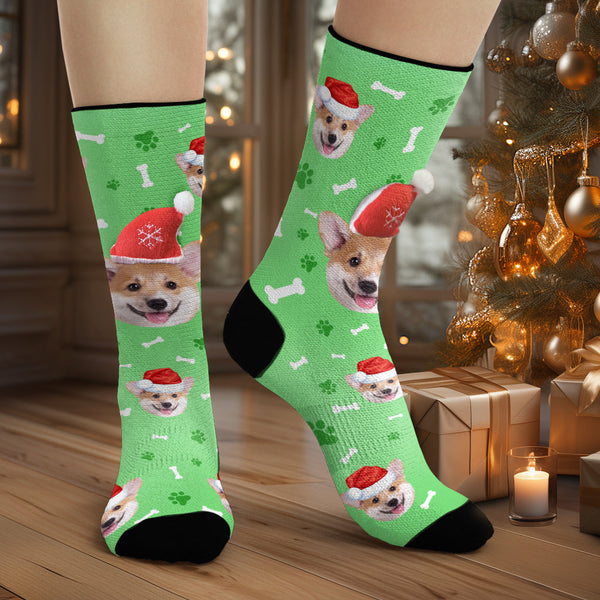 Custom Dog Face Socks Personalized 3D Santa Hat Socks Merry Christmas