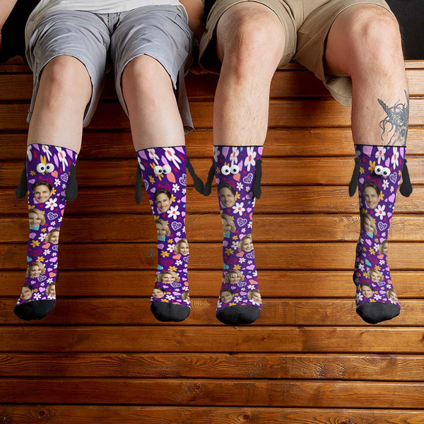 Custom Face Socks Funny Doll Mid Tube Purple Socks Magnetic Holding Hands Socks Little Daisy Valentine's Day Gifts