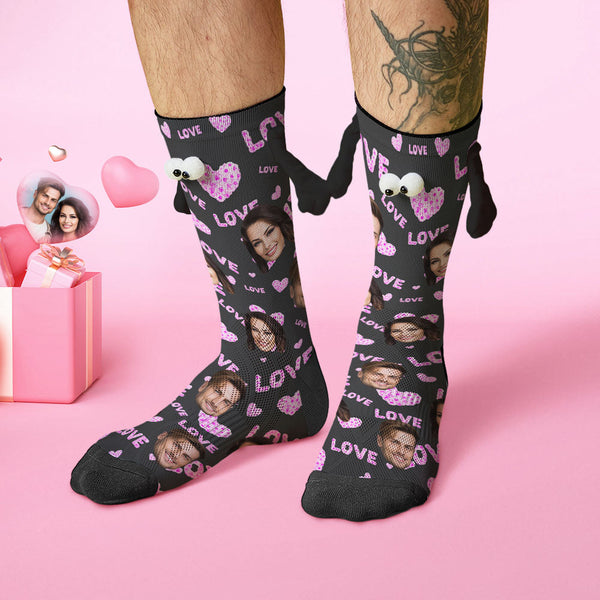 Custom Face Socks Funny Doll Mid Tube Black Socks Magnetic Holding Hands Socks Pink Love Valentine's Day Gifts