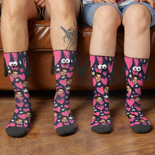 Custom Face Socks Funny Doll Mid Tube Socks Magnetic Holding Hands Socks Happy Valentine's Day