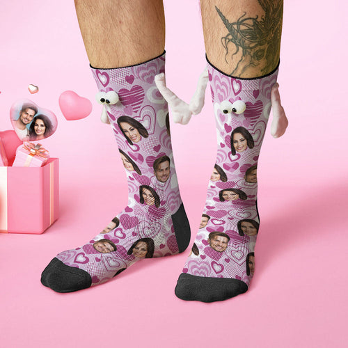 Custom Face Socks Funny Doll Mid Tube Socks Magnetic Holding Hands Socks Purple Heart Valentine's Day Gifts