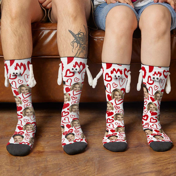 Custom Face Socks Funny Doll Mid Tube Socks Magnetic Holding Hands Socks Red Heart Valentine's Day Gifts