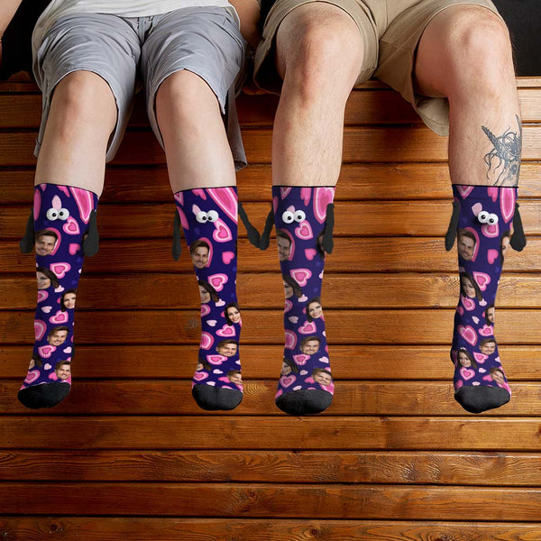 Custom Face Socks Funny Doll Mid Tube Purple Socks Magnetic Holding Hands Socks Pink Heart Valentine's Day Gifts