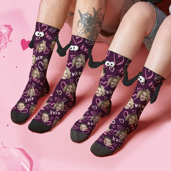 Custom Face Socks Funny Doll Mid Tube Socks Magnetic Holding Hands Socks XOXO Valentine's Day Gifts