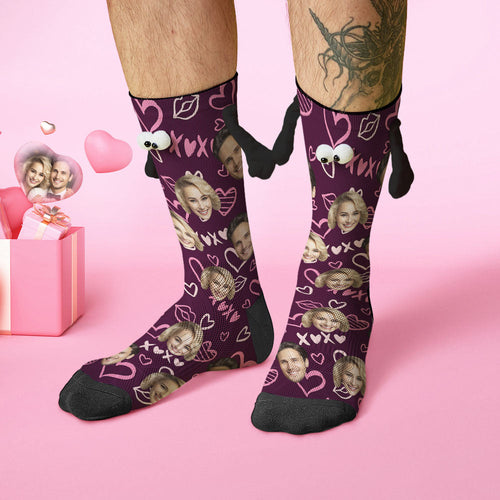 Custom Face Socks Funny Doll Mid Tube Socks Magnetic Holding Hands Socks XOXO Valentine's Day Gifts