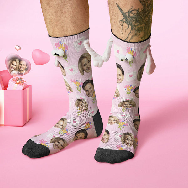 Custom Face Socks Funny Doll Mid Tube Socks Magnetic Holding Hands Socks Flower Valentine's Day Gifts