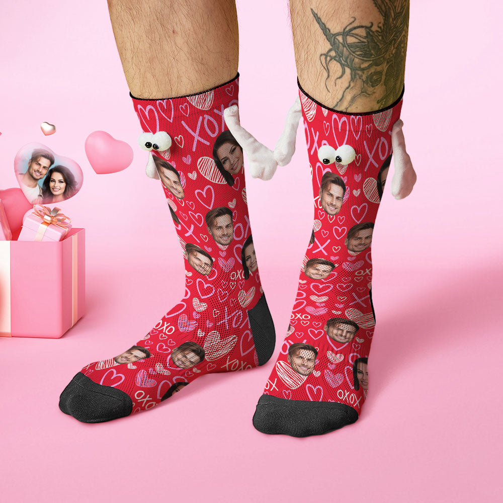 Custom Face Socks Funny Doll Mid Tube Red Socks Magnetic Holding Hands Socks XOXO Valentine's Day Gifts