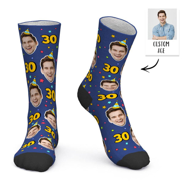Custom Face and Age Socks Personalized Smokey Blue Birthday Socks Birthday gift