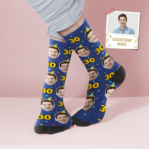 Custom Face and Age Socks Personalized Smokey Blue Birthday Socks Birthday gift