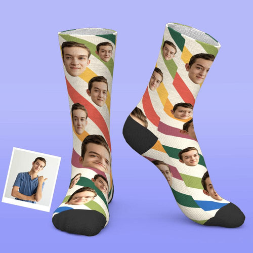 Custom Face Multicolor Striped Socks Personalized Gift
