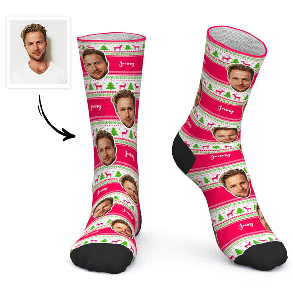 Custom Face Socks Personalized Photo Socks with Text Christmas Gift Santa Socks - Christmas Tree and Elk