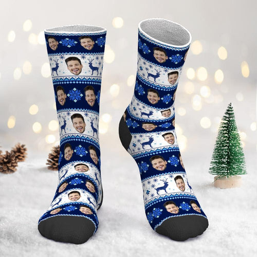 Custom Photo Socks Christmas Face socks over Nordic Pattern
