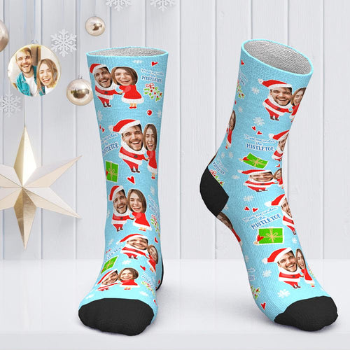 Custom Face Socks Personalized Photo Socks Christmas Gift Santa Socks - Meet Me Under the Mistletoe