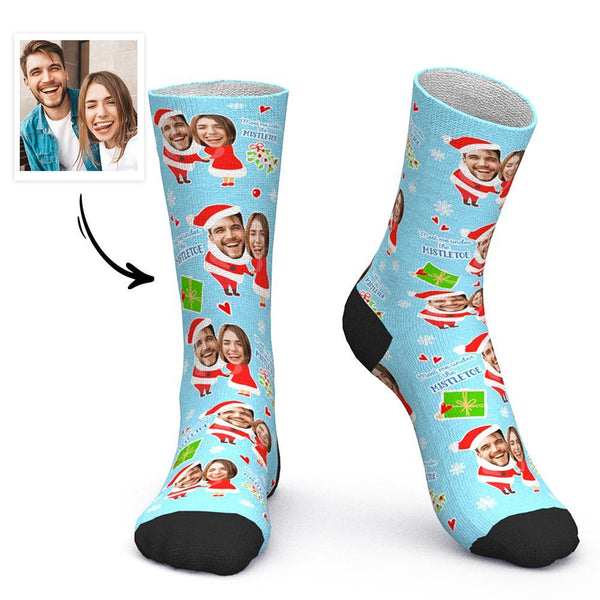 Custom Face Socks Personalized Photo Socks Christmas Gift for Lover - Meet Me Under the Mistletoe