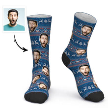 Custom Socks Personalized Photo Socks Christmas Socks Gift Santa Socks - Blue Cute Elk