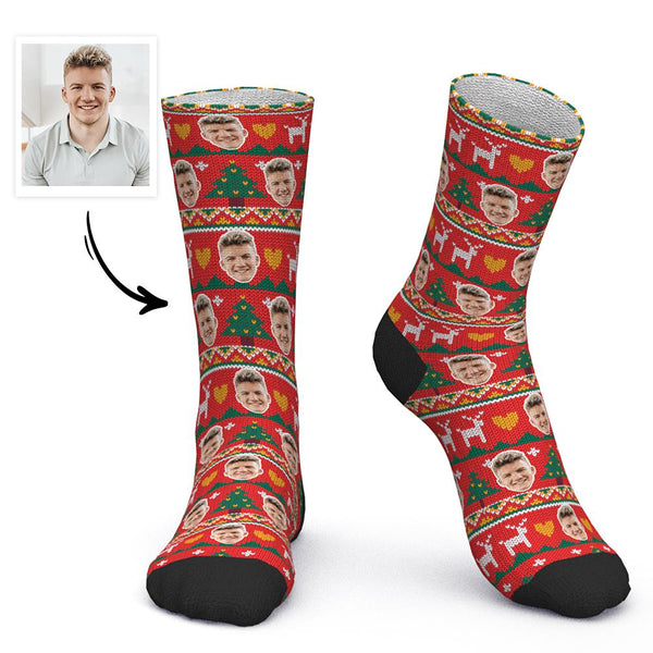 Custom Face Socks Personalized Photo Socks Christmas Gift Santa Socks Christmas Tree - Red Sock