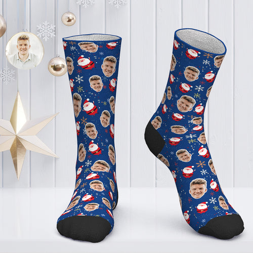Custom Face Socks Personalized Photo Socks Christmas Gift Santa Socks - Santa Claus and Snow