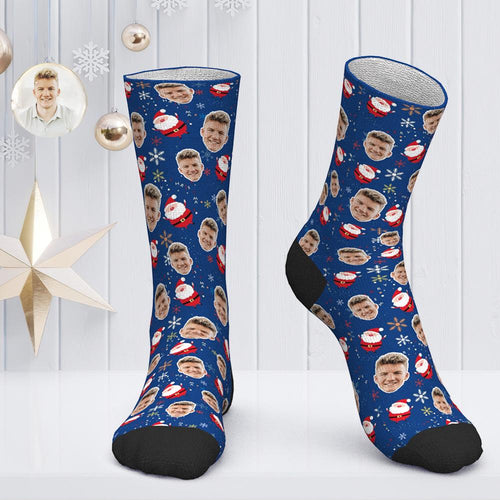 Custom Face Socks Personalized Photo Socks Christmas Gift Santa Socks - Cut Santa Claus and Snow