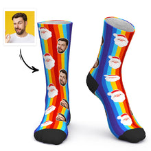 Custom Face Socks Personalized Photo Socks Christmas Gift Santa Socks - Santa Claus and Rainbow