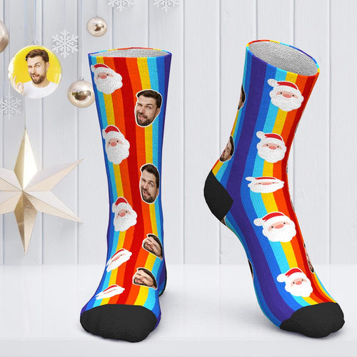Personalized Photo Socks Custom Face Socks Santa Socks Christmas Gift - Santa Claus and Rainbow