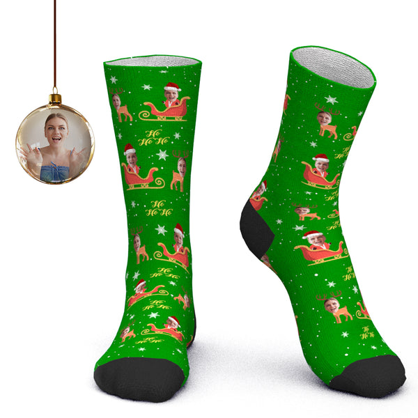 Custom Face Socks Personalized Photo Socks Santa Socks Christmas Gift - Elk Pulling a Sled