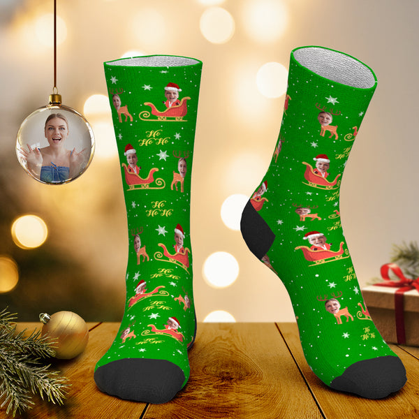 Custom Face Socks Personalized Photo Socks Santa Socks Christmas Gift - Elk Pulling a Sled