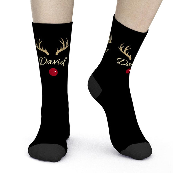 Custom Engraved Socks Reindeer Horns Christmas Name Black Gift