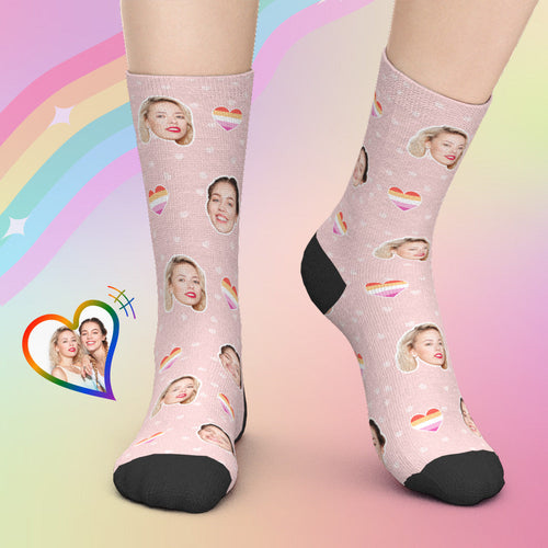 LGBT Gifts, Custom Face Socks Add Pictures - LGBT Rainbow Heart