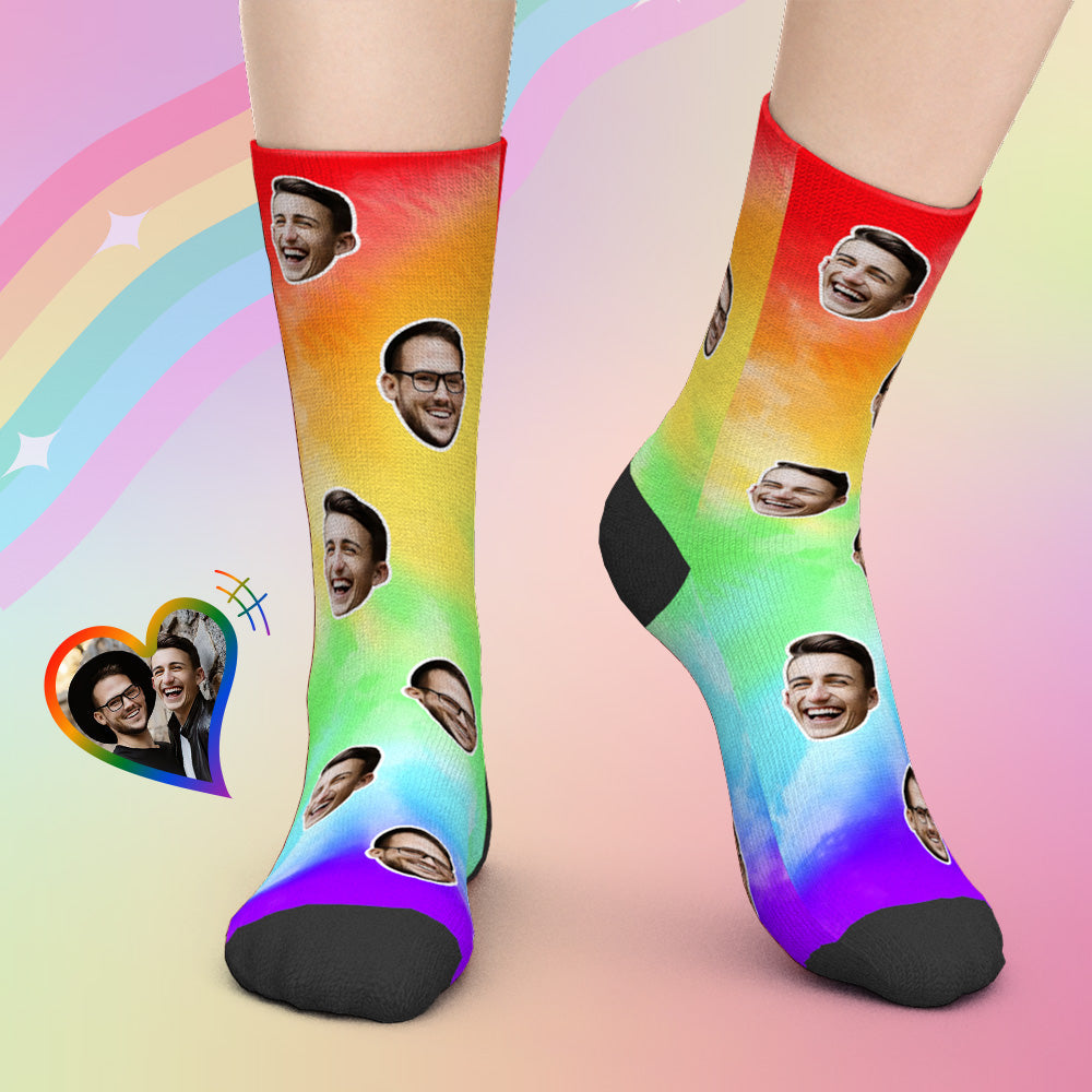 LGBT Gifts, Custom Face Socks Add Pictures - LGBT Rainbow Colorful