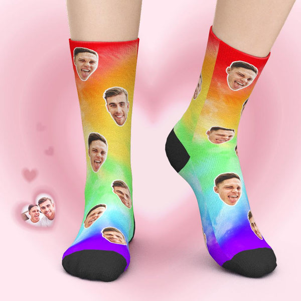 LGBT Gifts, Custom Face Socks Add Pictures - LGBT Rainbow Colorful