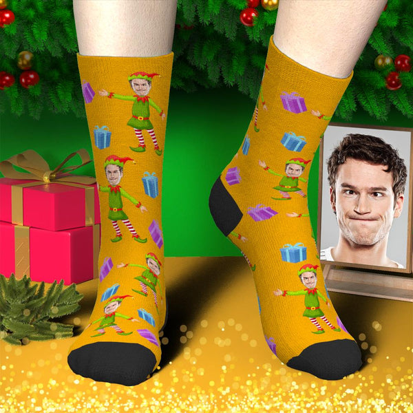 Custom Face Socks Personalized Yellow Photo Socks Santa Socks Christmas Gift for Famliy - Little Elf