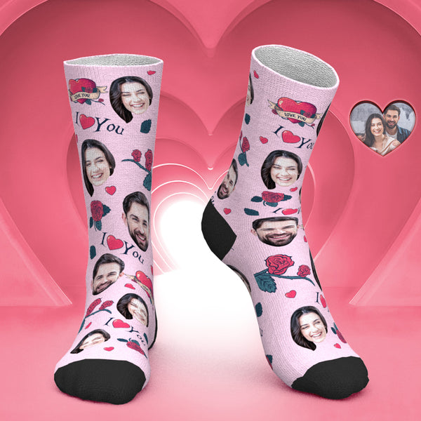 Custom Face Socks Personalized Photo Socks Valentine's Day Gift for Her - Rose Flower