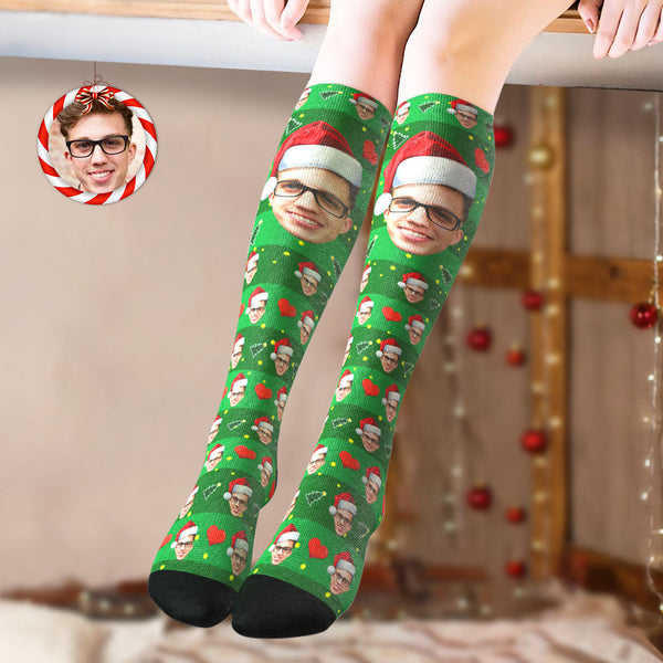 Custom Knee High Socks Personalized Big Face Christmas Socks Christmas Tree