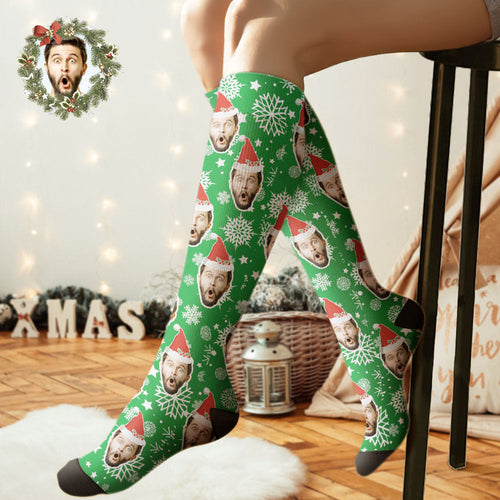 Custom Knee High Socks Personalized Face Christmas Socks Snowflake