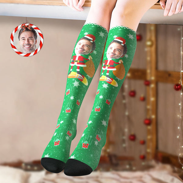Custom Knee High Socks Personalized Big Face Christmas Socks Santa Claus