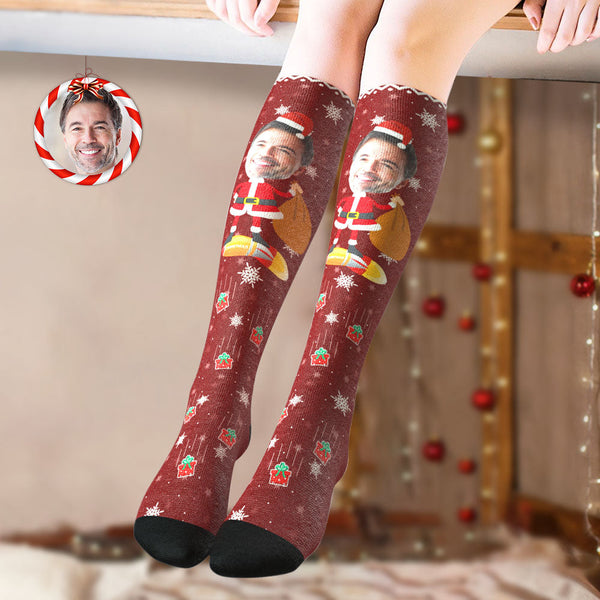 Custom Knee High Socks Personalized Big Face Christmas Socks Santa Claus