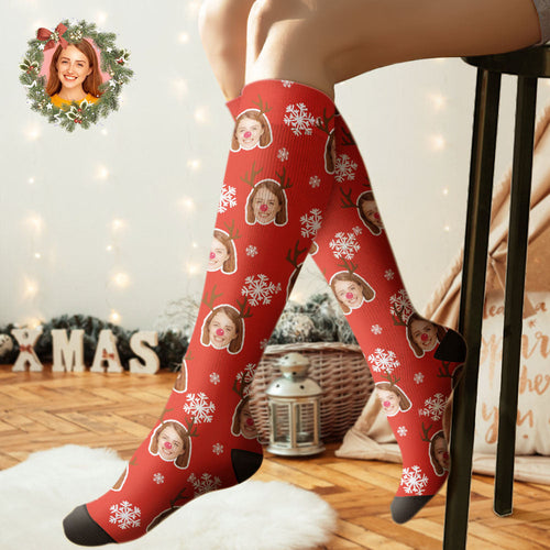 Custom Knee High Socks Personalized Moose Face Socks Christmas Gift