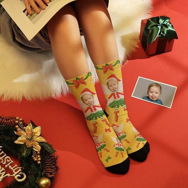 Personalized Face Elf Socks Christmas Gift Bowknot