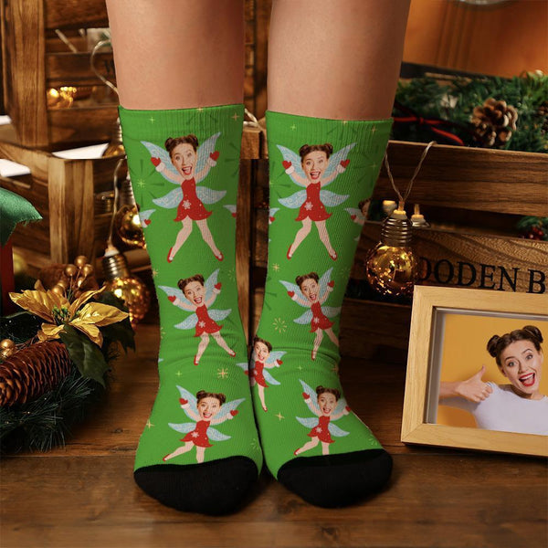 Custom Photo Christmas Gift Elf Socks With Wings