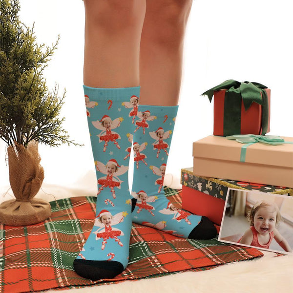 Personalized Photo Blue Elf Socks With Stars
