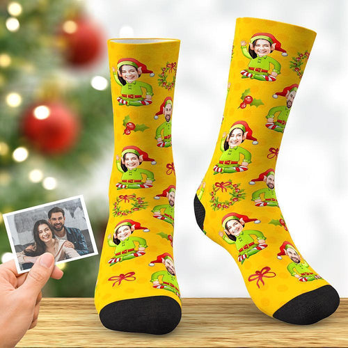 Custom Photo Bowknot Yellow Elf Socks Christmas Gift