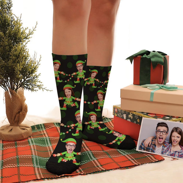 Custom Photo Funny Couple Elf Socks Black Best Gift