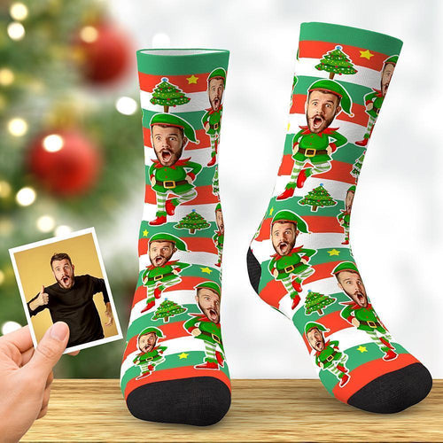 Custom Photo Color Bar Elven Socks With Tree Funny Face